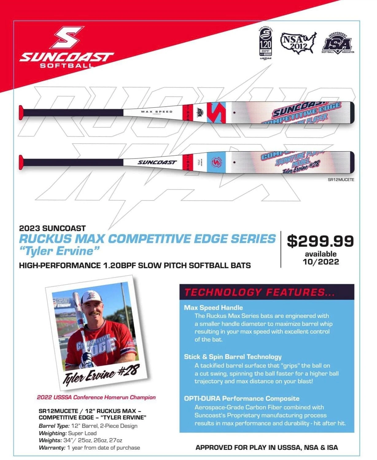 2023 Suncoast Ruckus Super Max Competitive Edge 12" Tyler Ervine USSSA Slowpitch Softball Bat - Image 2